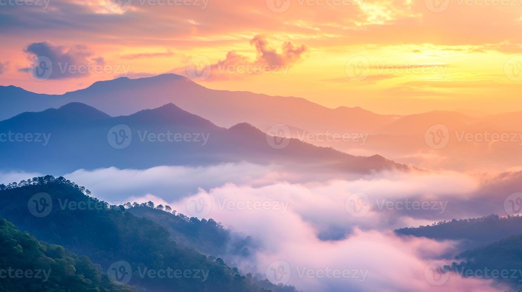 ai generato montagna nube e nebbioso a mattina tempo con arancia cielo, alba bellissimo paesaggio ai generato foto