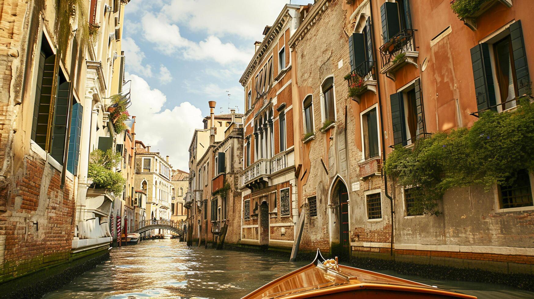 ai generato bellissimo scena a partire dal Venezia, con un' messa a fuoco su un' stretto canale circondato di alto, anziano edifici ai generato foto