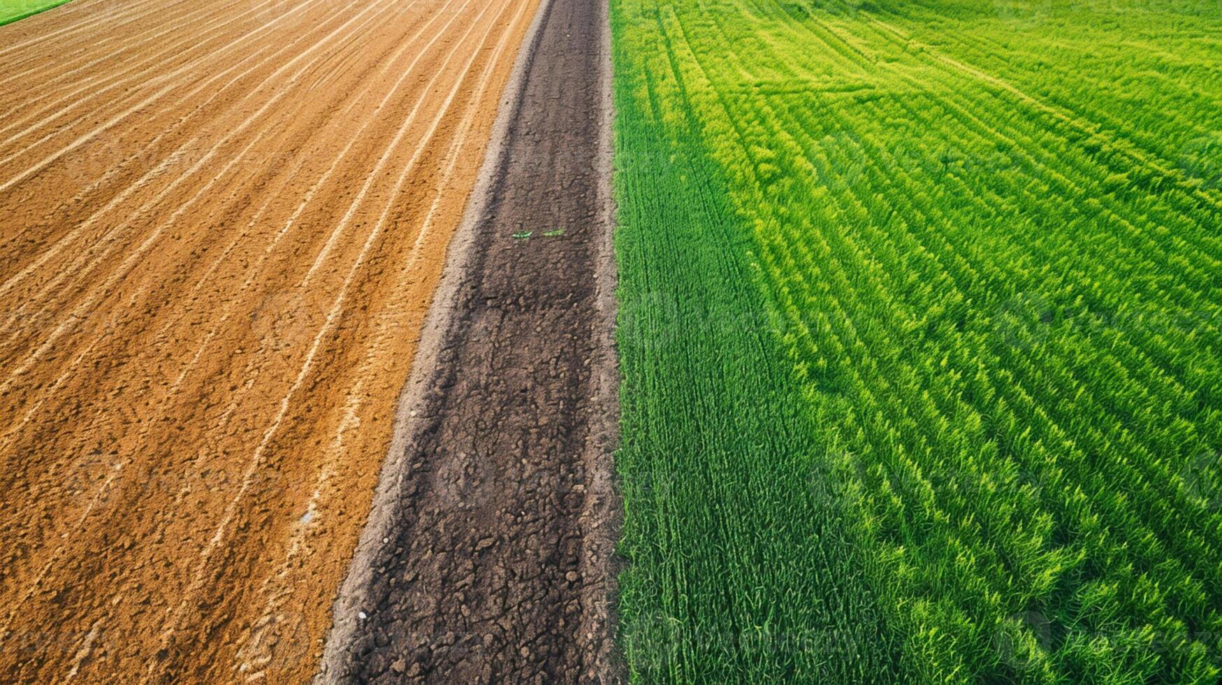 ai generato foto di Due adiacente agricolo campi, lussureggiante e verde ai generato