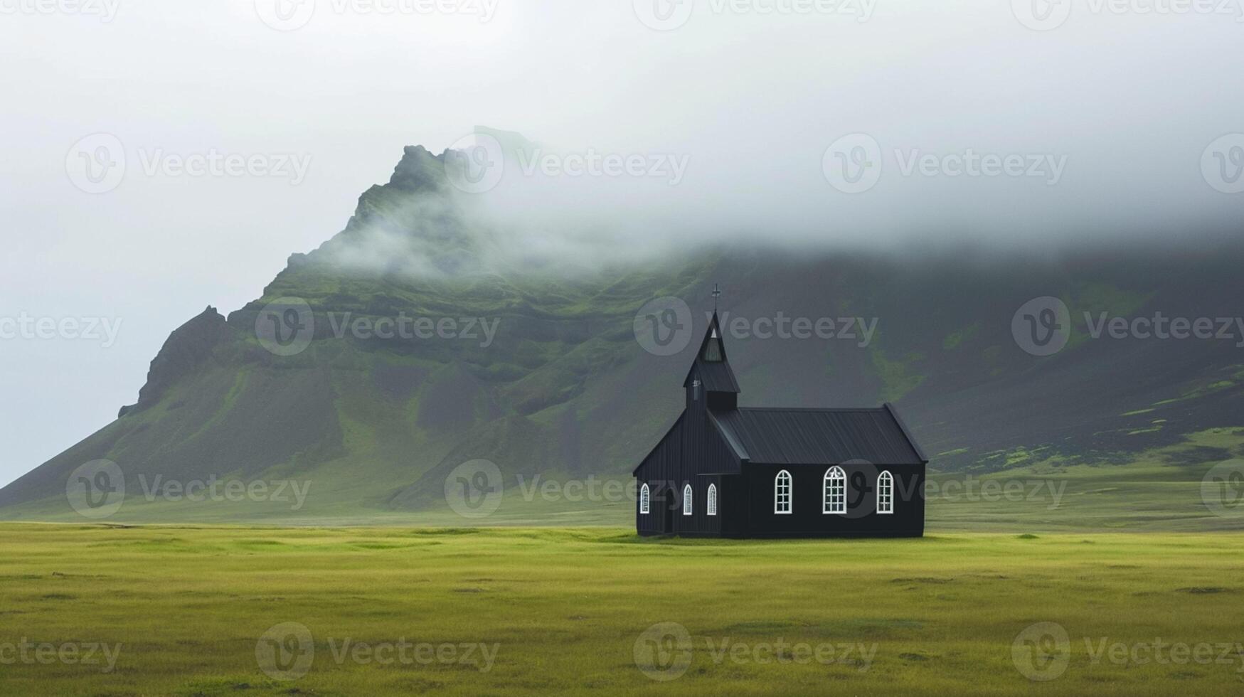 ai generato foto Islanda paesaggio di bellissimo Chiesa nebbioso montagne nel il sfondo ai generato