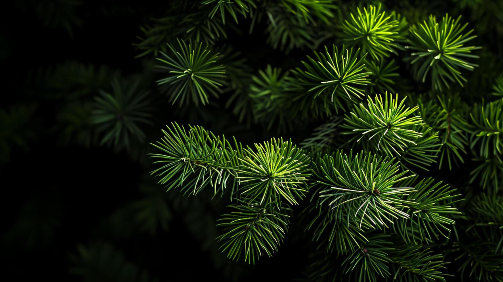 ai generato foto di luminosa verde pino aghi impostato contro scuro, ombroso sfondo. ai generato