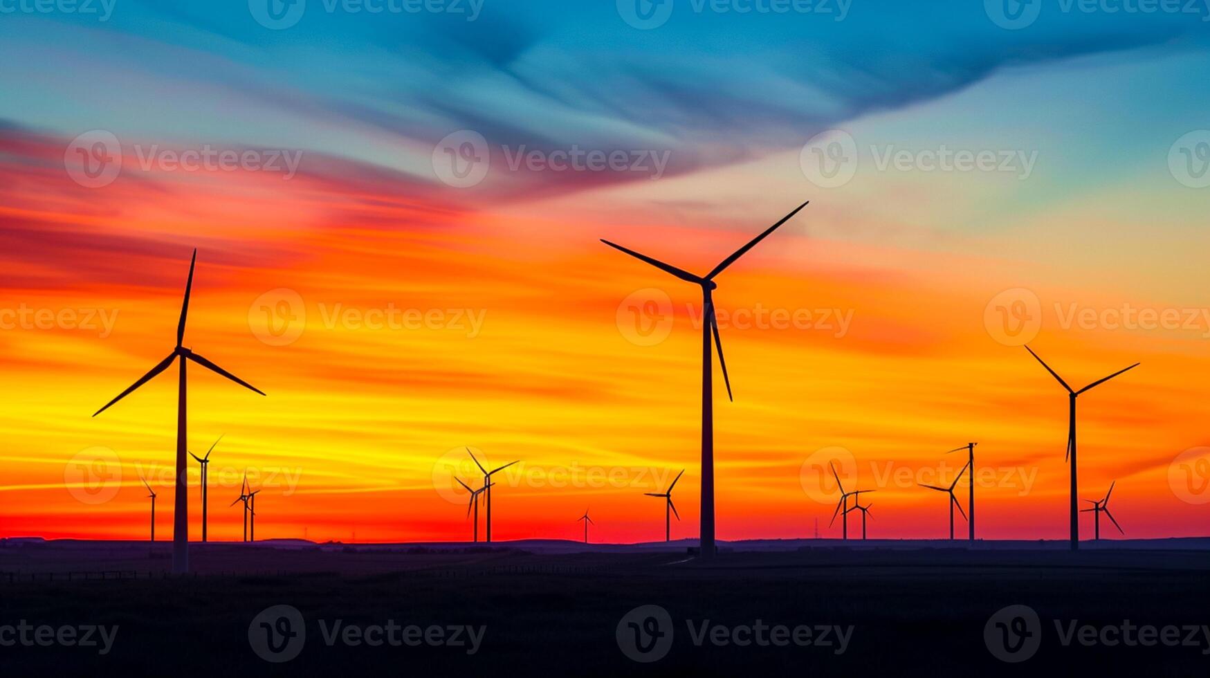 ai generato foto di vento turbine staglia contro vivace tramonto. sotto il orizzonte dovrebbero essere oscurato paesaggio, tranquillo, calmo ambientazione ai generato