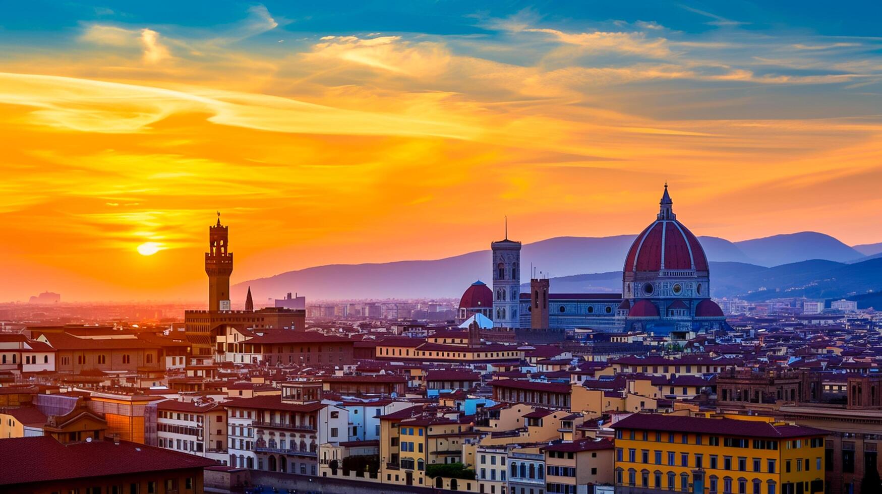 ai generato pittoresco tramonto storico paesaggio urbano. prominente architettonico strutture, Compreso a cupola edifici e torri, siamo staglia contro il morbido splendore di il ambientazione sole. ai generato foto