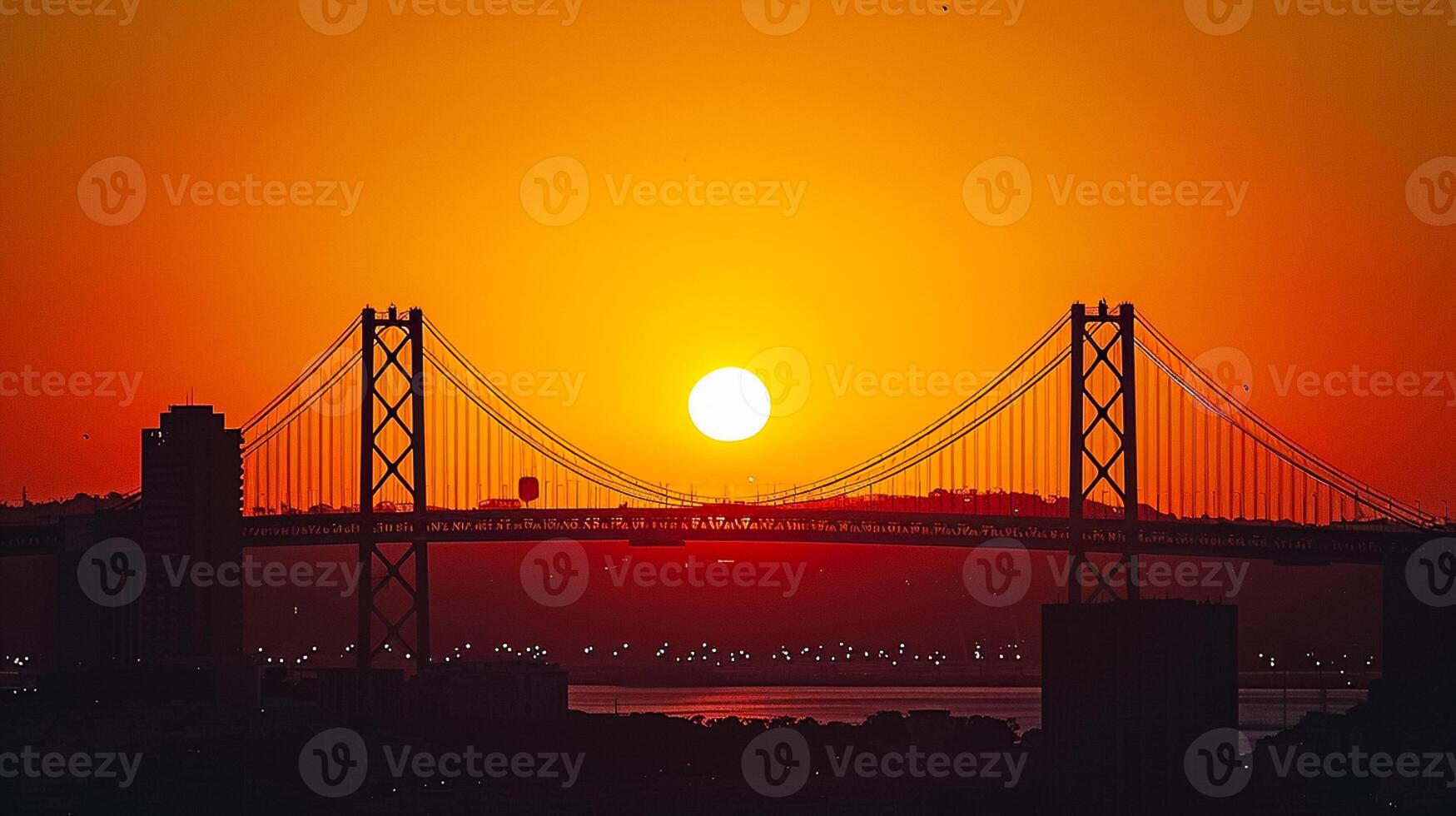 ai generato sbalorditivo foto di tramonto con un arancia e giallo pendenza cielo. il sole è prominente visibile, ambientazione dietro a il silhouette di sospensione ponte. paesaggio urbano silhouette ai generato