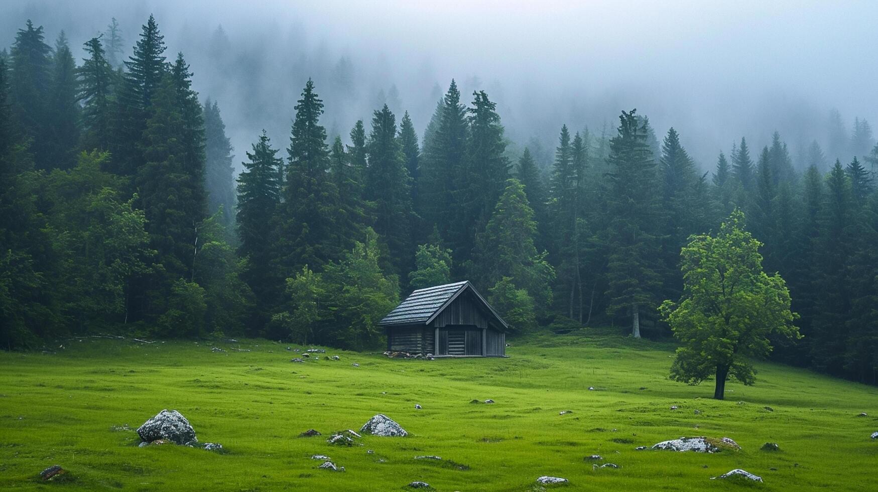 ai generato sereno foresta con solitario cabina nel il mezzo di verde campo circondato di alto, denso alberi. il atmosfera è nebbioso, dando il scena mistico e tranquillo vibrazione ai generato foto
