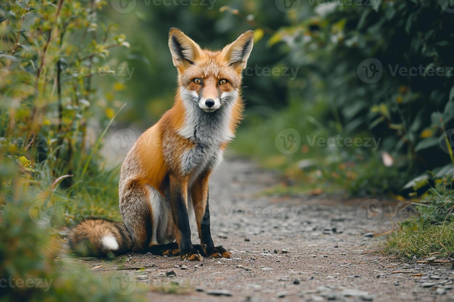 ai generato un' Volpe seduta attentamente su un' sentiero circondato di natura ai generato foto