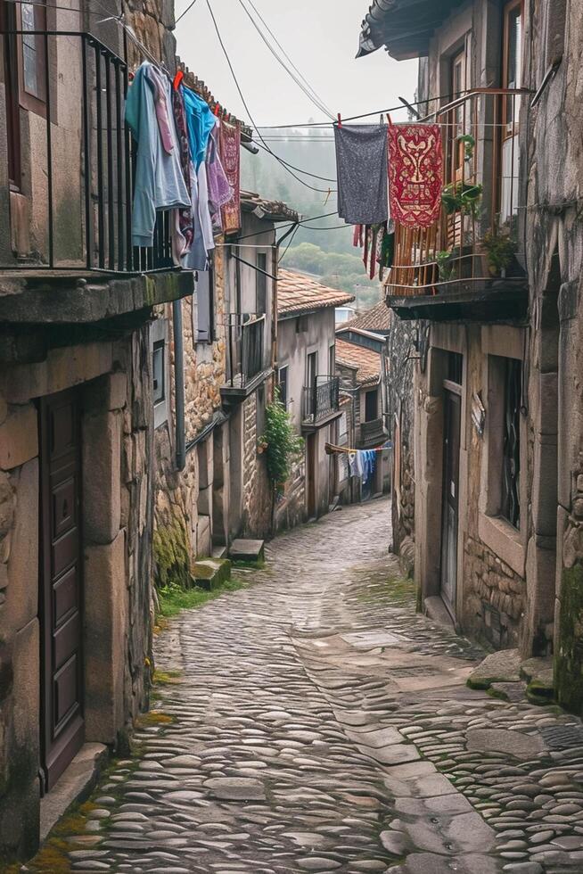 ai generato Immagine cattura stretto, ciottolo strada foderato con vecchio edifici e lavanderia sospeso a partire dal il balconi. il cielo è nuvoloso, il pietra strada e edifici ai generato foto