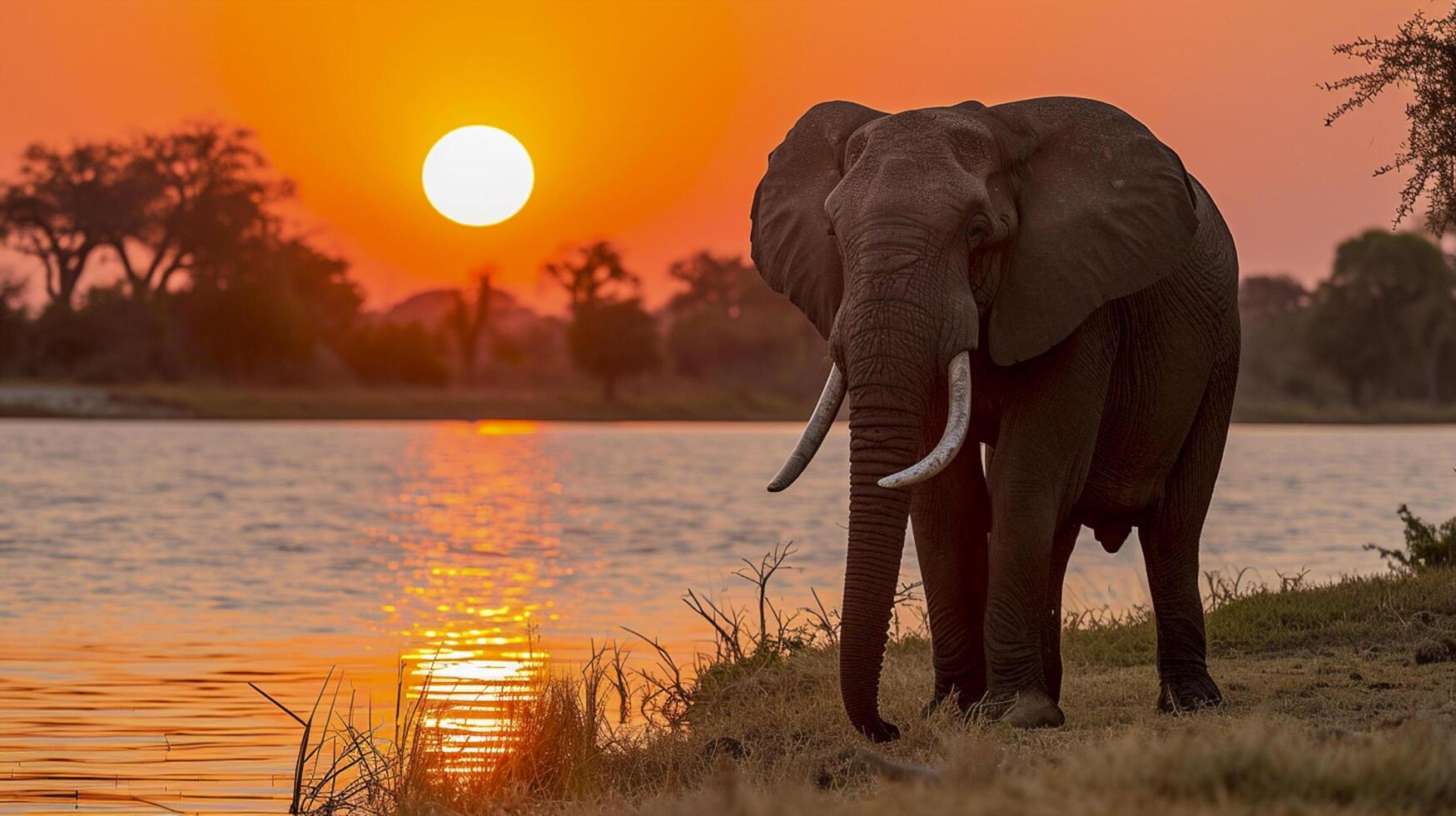 ai generato elefante in piedi di un' acqua corpo a tramonto ai generato foto