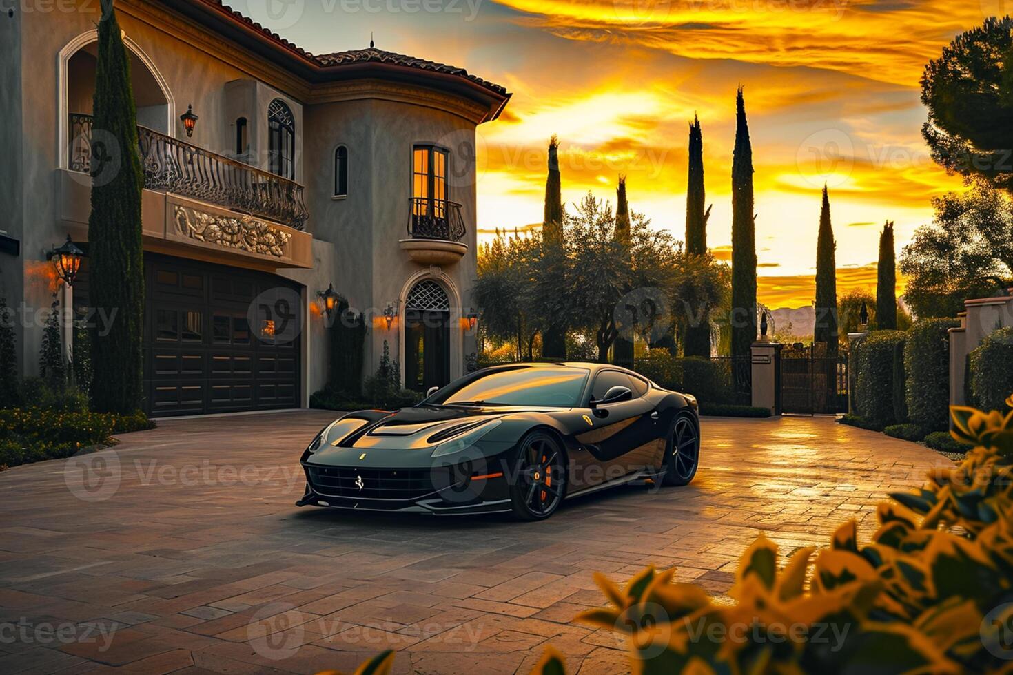 ai generato gli sport auto parcheggiata nel davanti di un' lusso residenza di tramonto, lusso vita ai generato foto