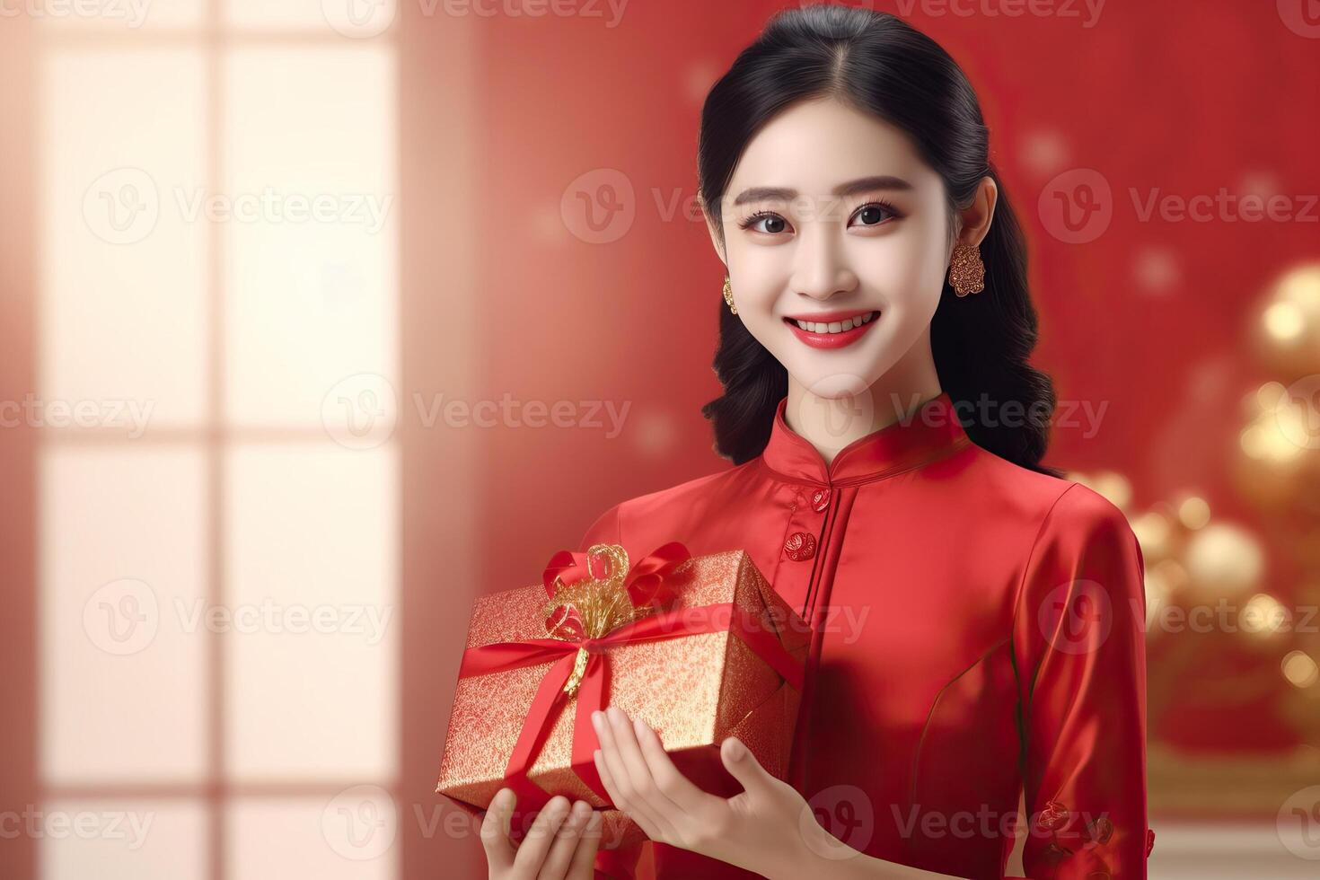 ai generato asiatico donna nel rosso costume dando oro regalo su Cinese nuovo anno sfondo foto