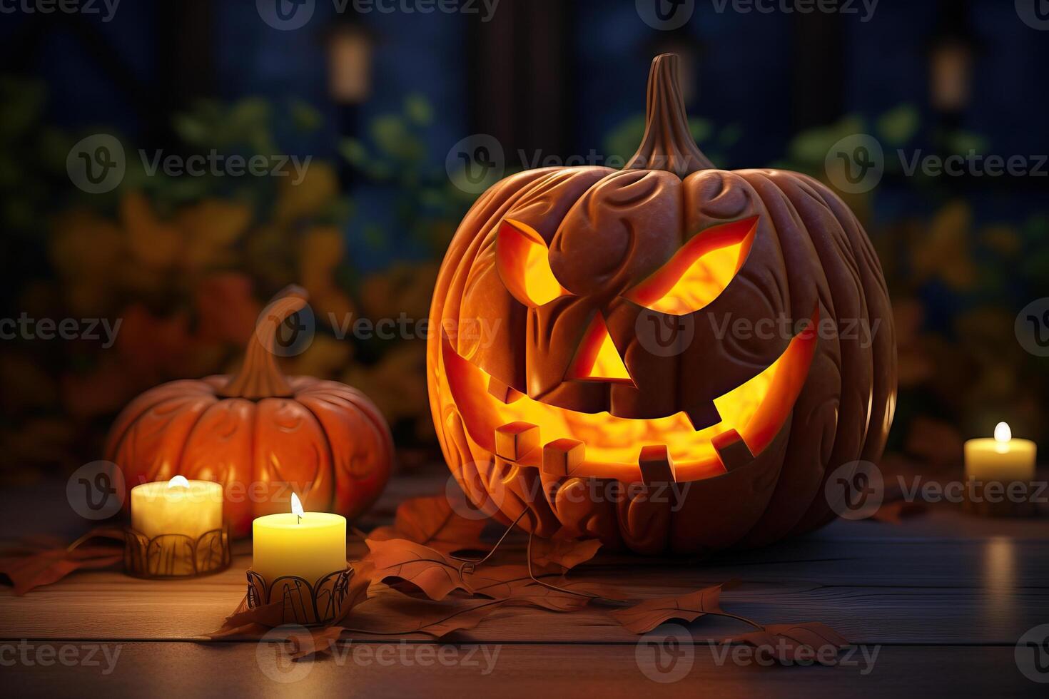 ai generato a tema halloween Jack o lanterna con candela leggero 3d illustrazione. foto