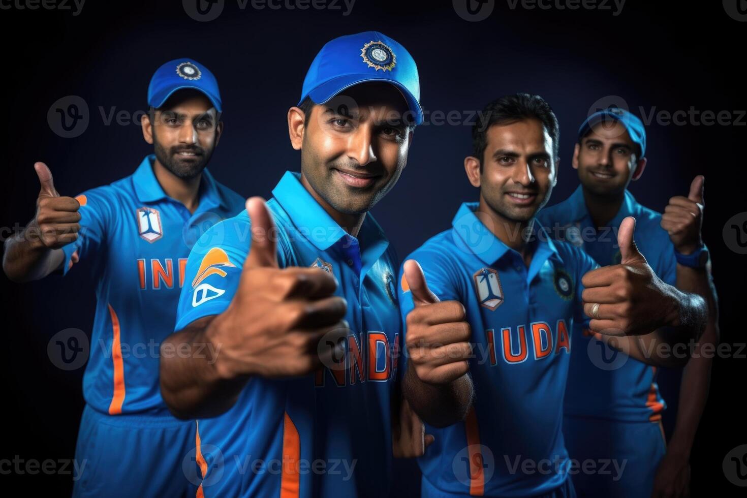 ai generato indiano amici nel cricket maglie con indiano bandiera foto