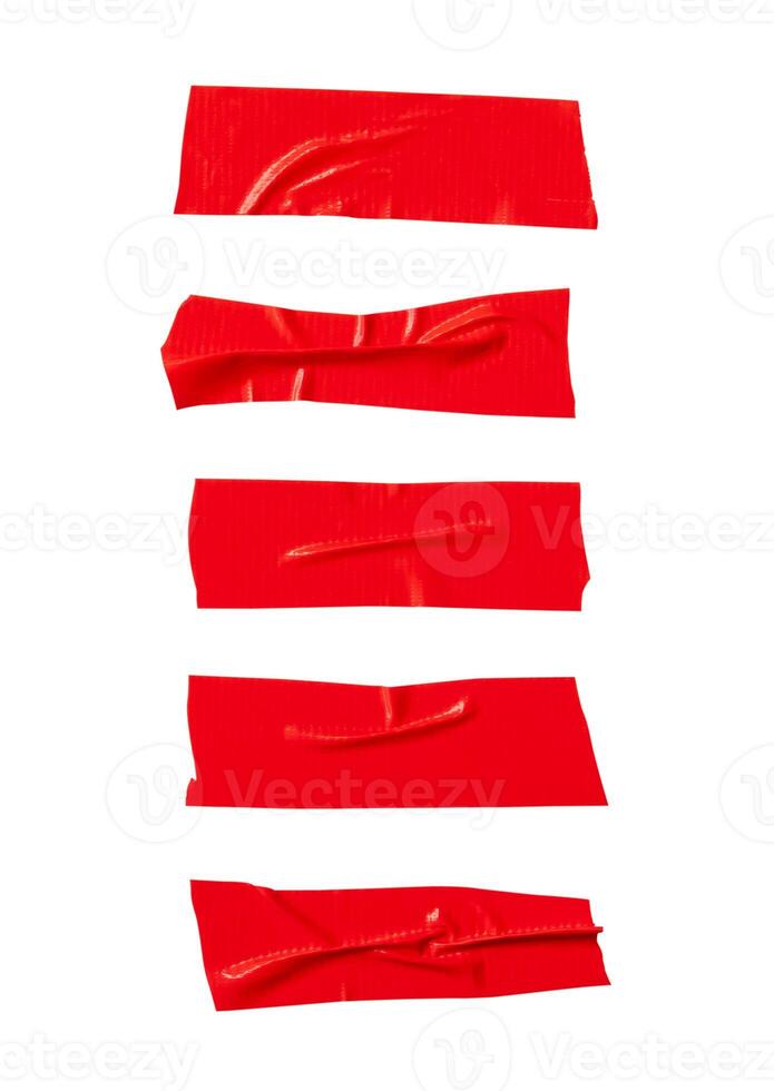 superiore Visualizza di rosso adesivo vinile nastro o stoffa nastro strisce nel impostato isolato su bianca sfondo con ritaglio sentiero foto