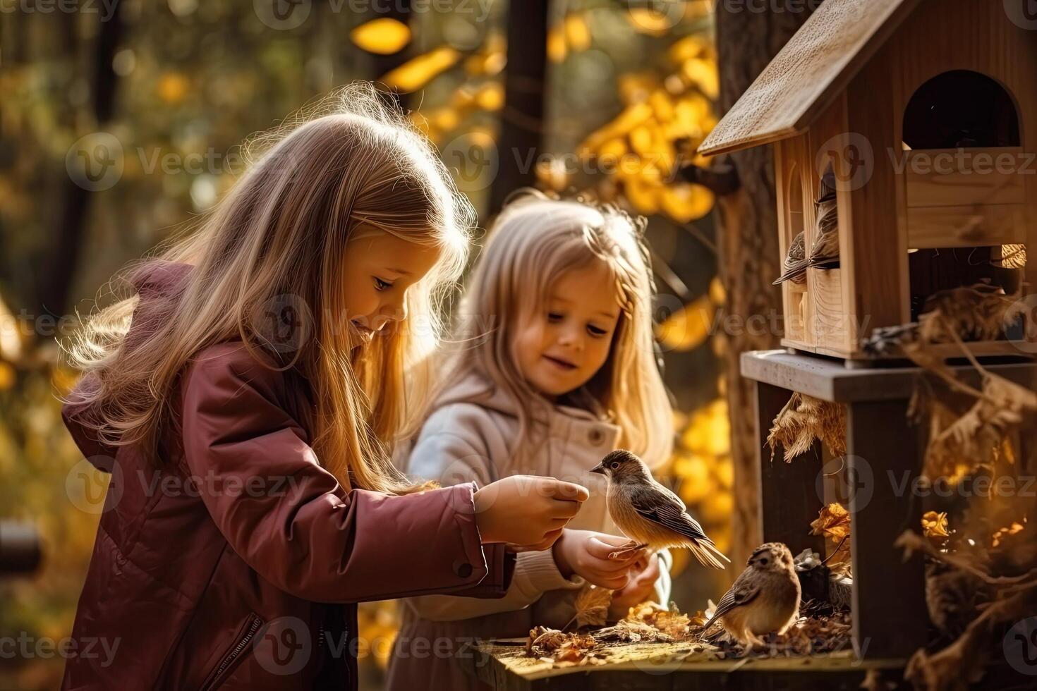 ai generato bambini alimentazione uccelli nel il foresta durante autunno foto