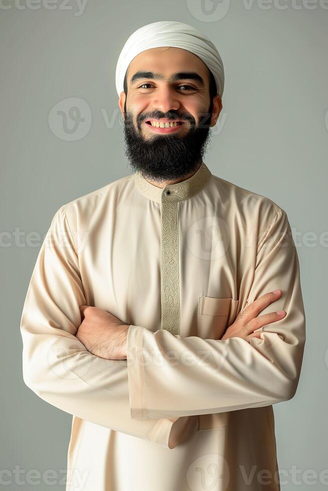 ai generato sorridente islamico uomo nel studio, culturale diversità ritratto foto