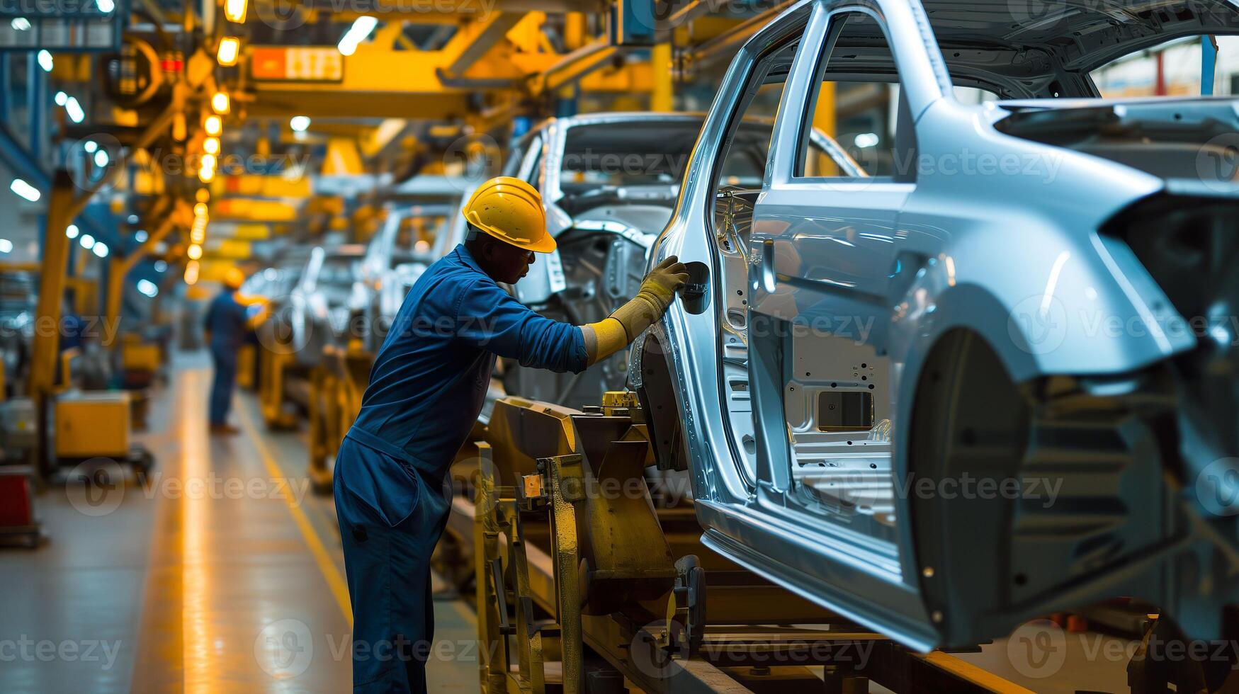 ai generato industriale produzione, lavoratore su auto fabbrica produzione linea foto