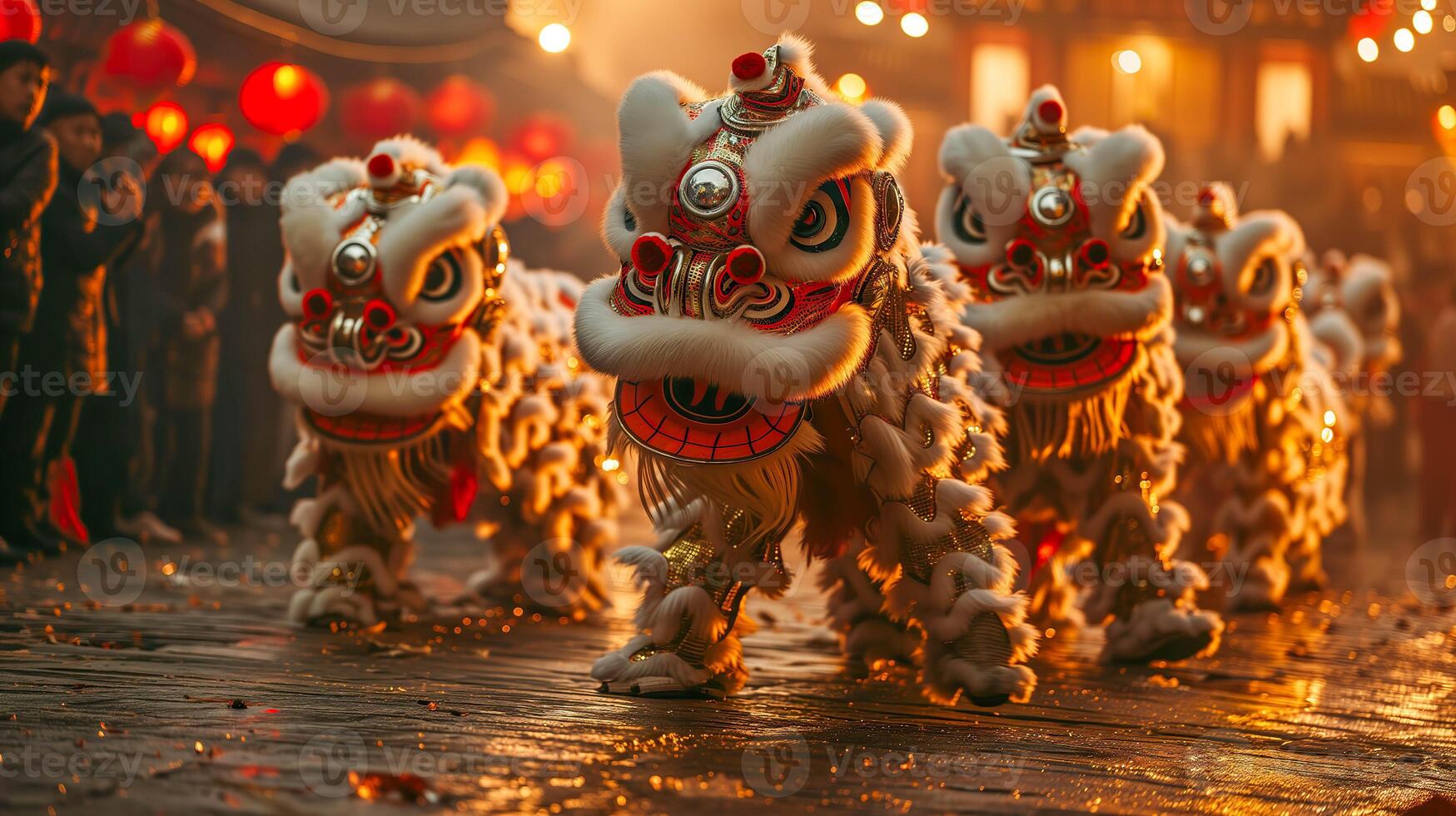 ai generato Leone danza celebrazione, Cinese nuovo anno tradizione nel vivace modulo foto