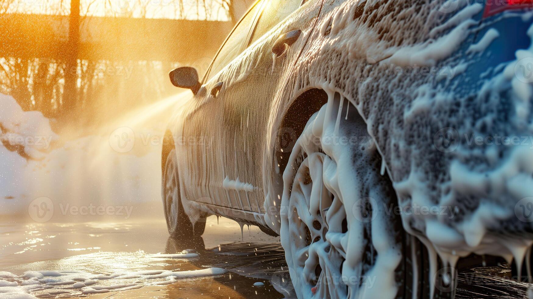 ai generato auto terme Esperienza, efficiente auto lavare con schiuma e acqua foto