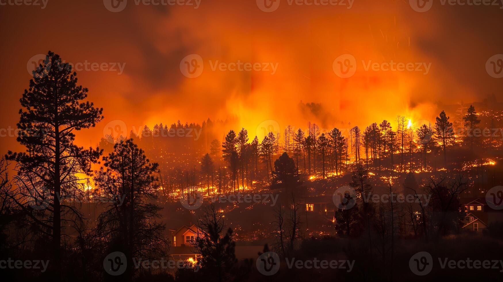 ai generato clima modificare crisi, wildfire inghiotte cittadina nel devastante fiamme foto