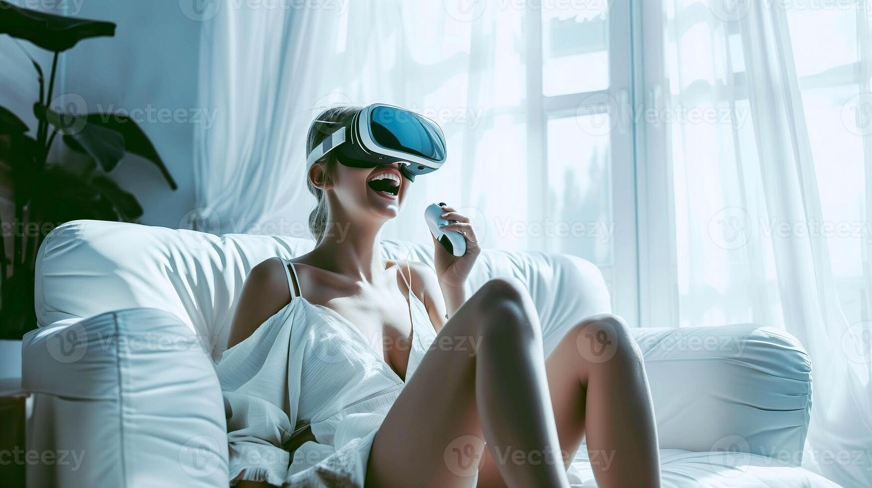 ai generato gioco beatitudine, europeo donna ridendo e avendo divertimento con vr divertimento foto