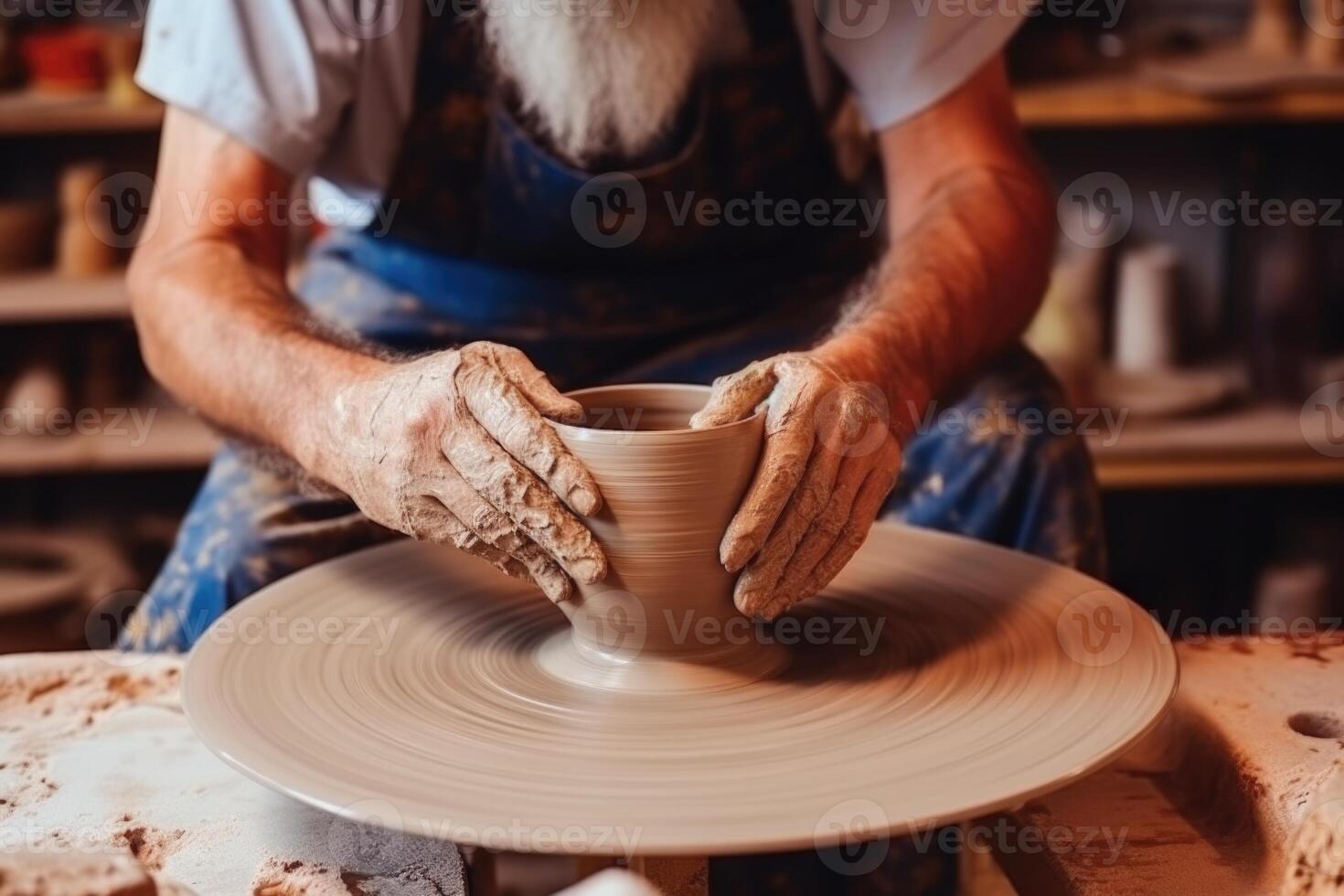 ai generato vasaio la creazione di ceramica pentola su ruota nel officina. foto