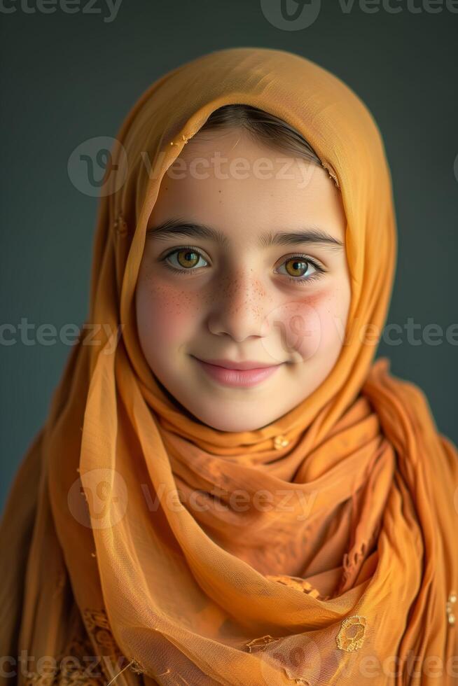 ai generato sorridente islamico ragazza, cattura culturale diversità e gioia foto