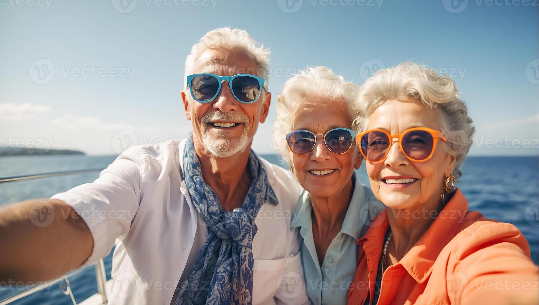 ai generato ritratto di contento anziano persone su vacanza a mare foto