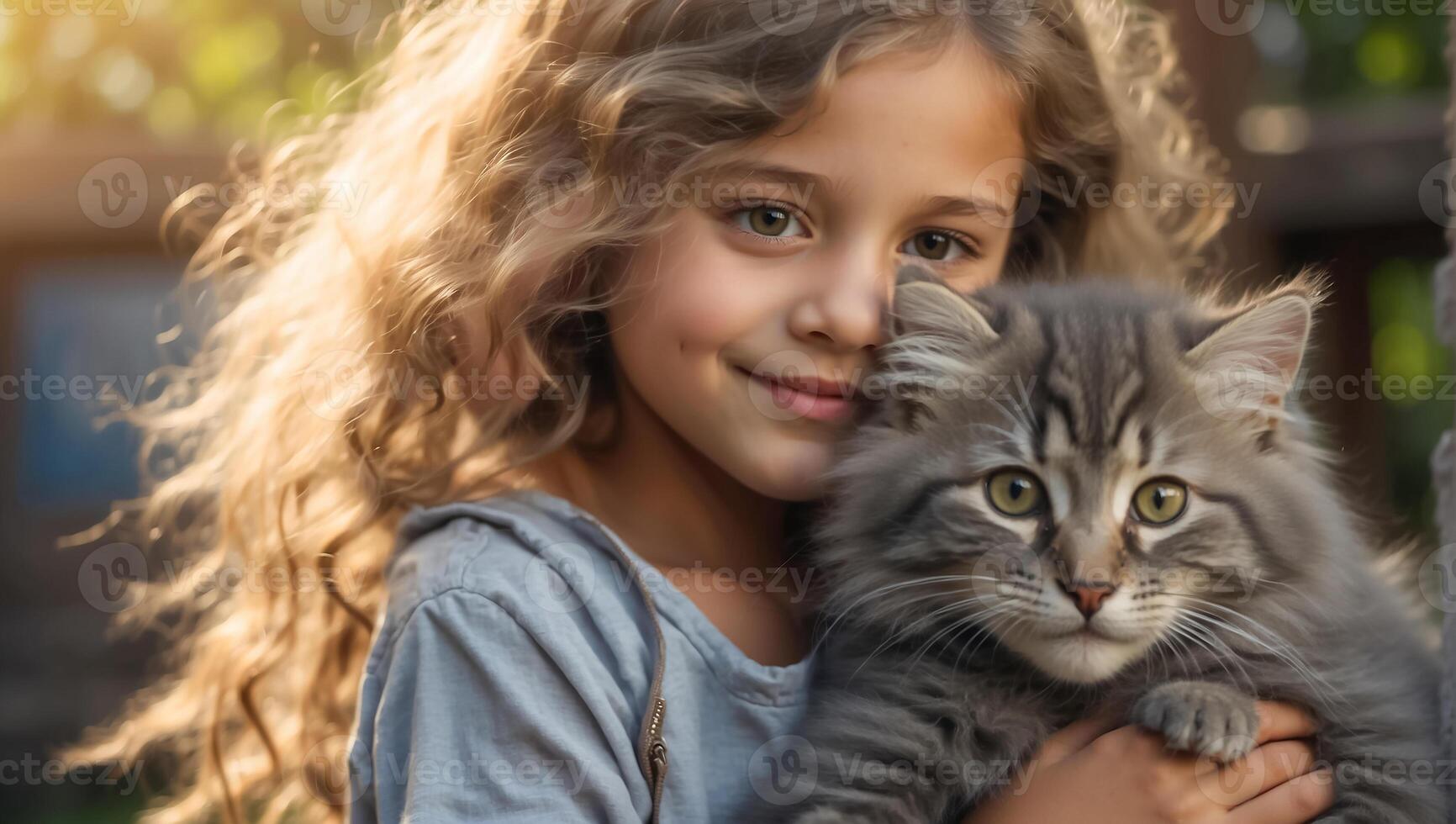 ai generato poco ragazza con carino gatto all'aperto ritratto foto