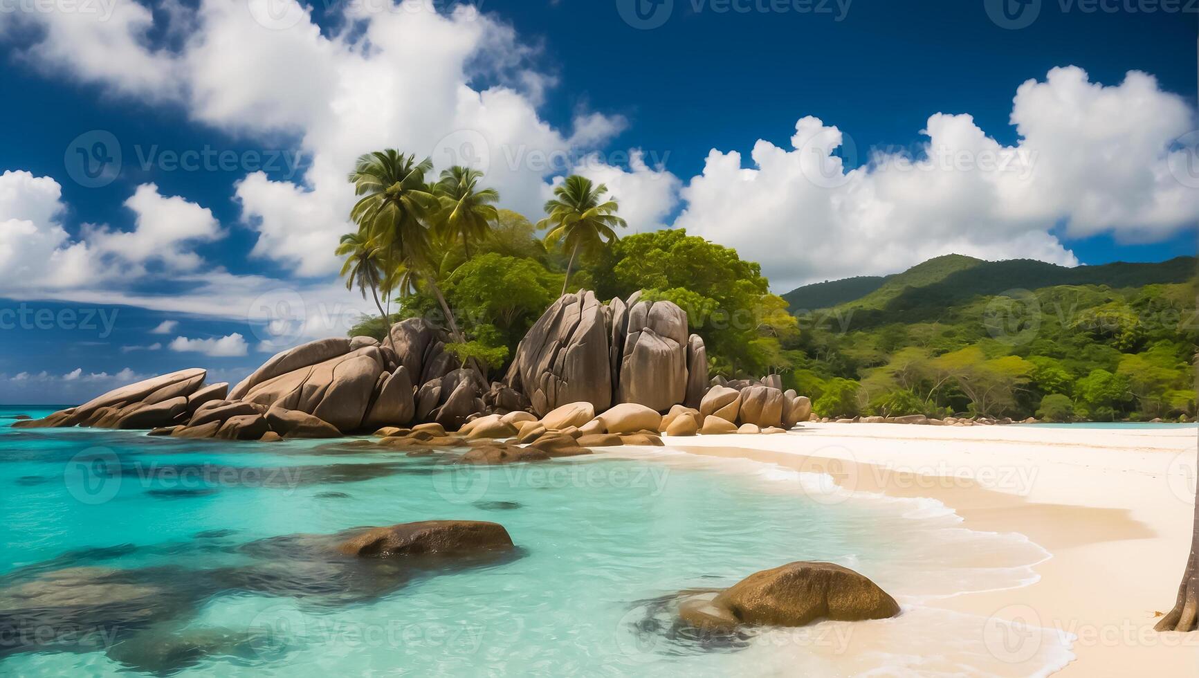 ai generato magnifico soleggiato spiaggia nel Seychelles foto