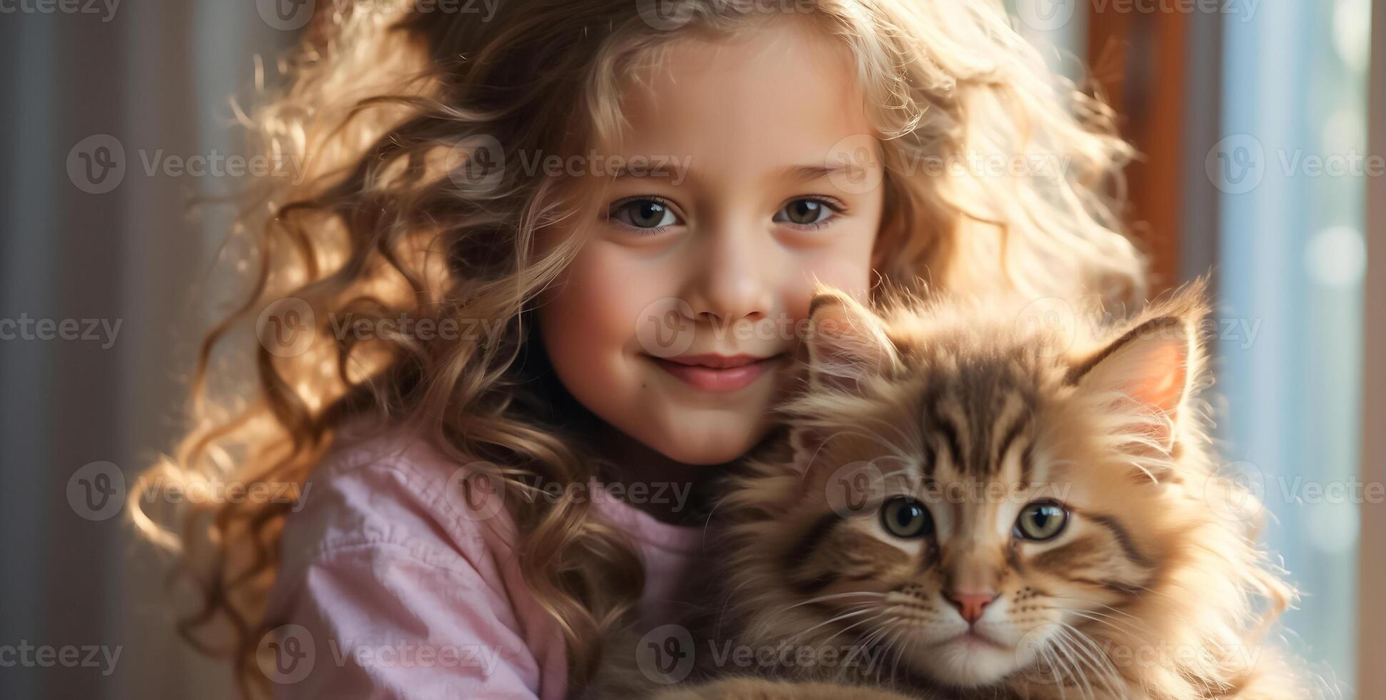ai generato poco ragazza con carino gatto a casa ritratto foto