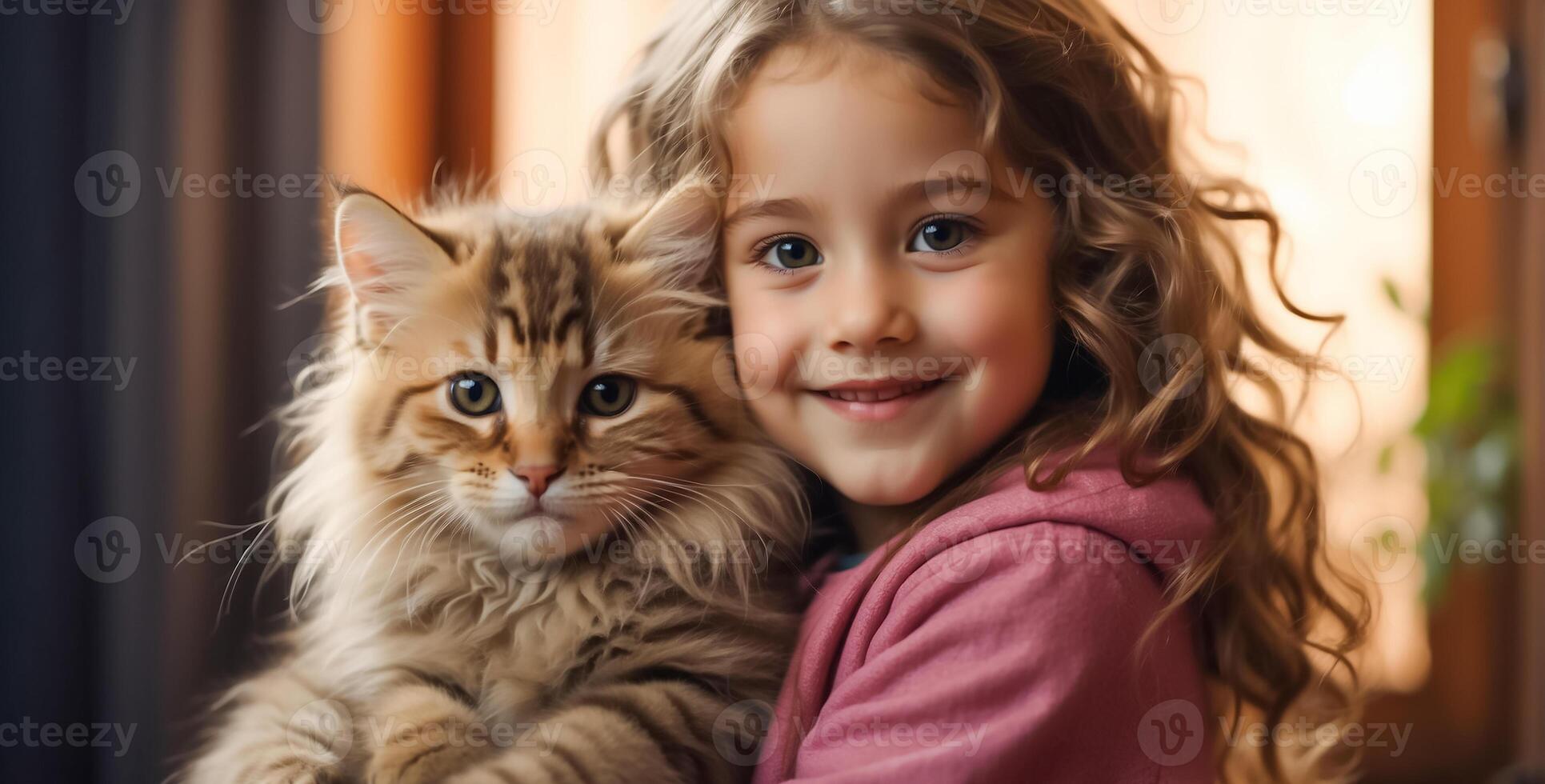 ai generato poco ragazza con carino gatto a casa ritratto foto