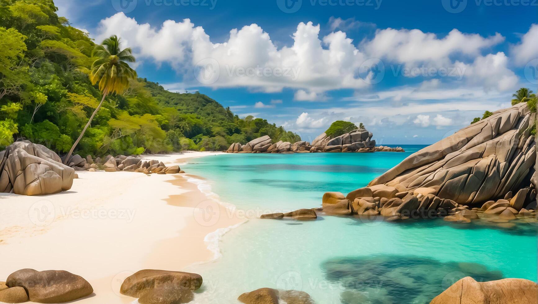 ai generato magnifico soleggiato spiaggia nel Seychelles foto