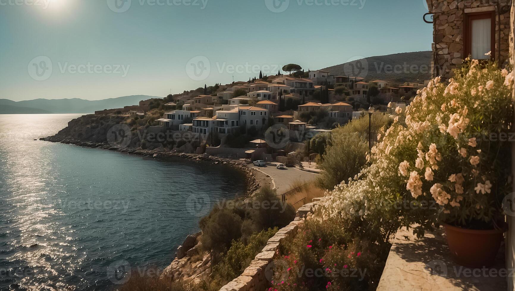 ai generato bellissimo strada Grecia estate giorno, mare foto