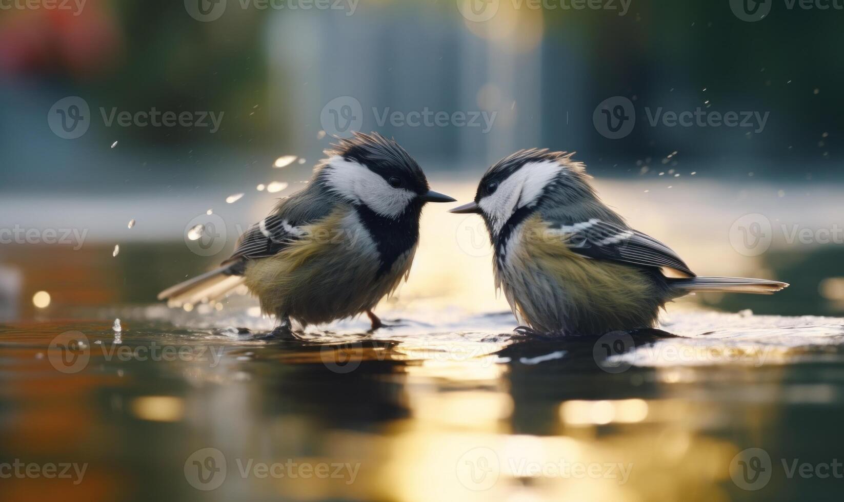 ai generato Due grande tetta uccelli, parus principale, potabile acqua a partire dal un' Fontana. foto