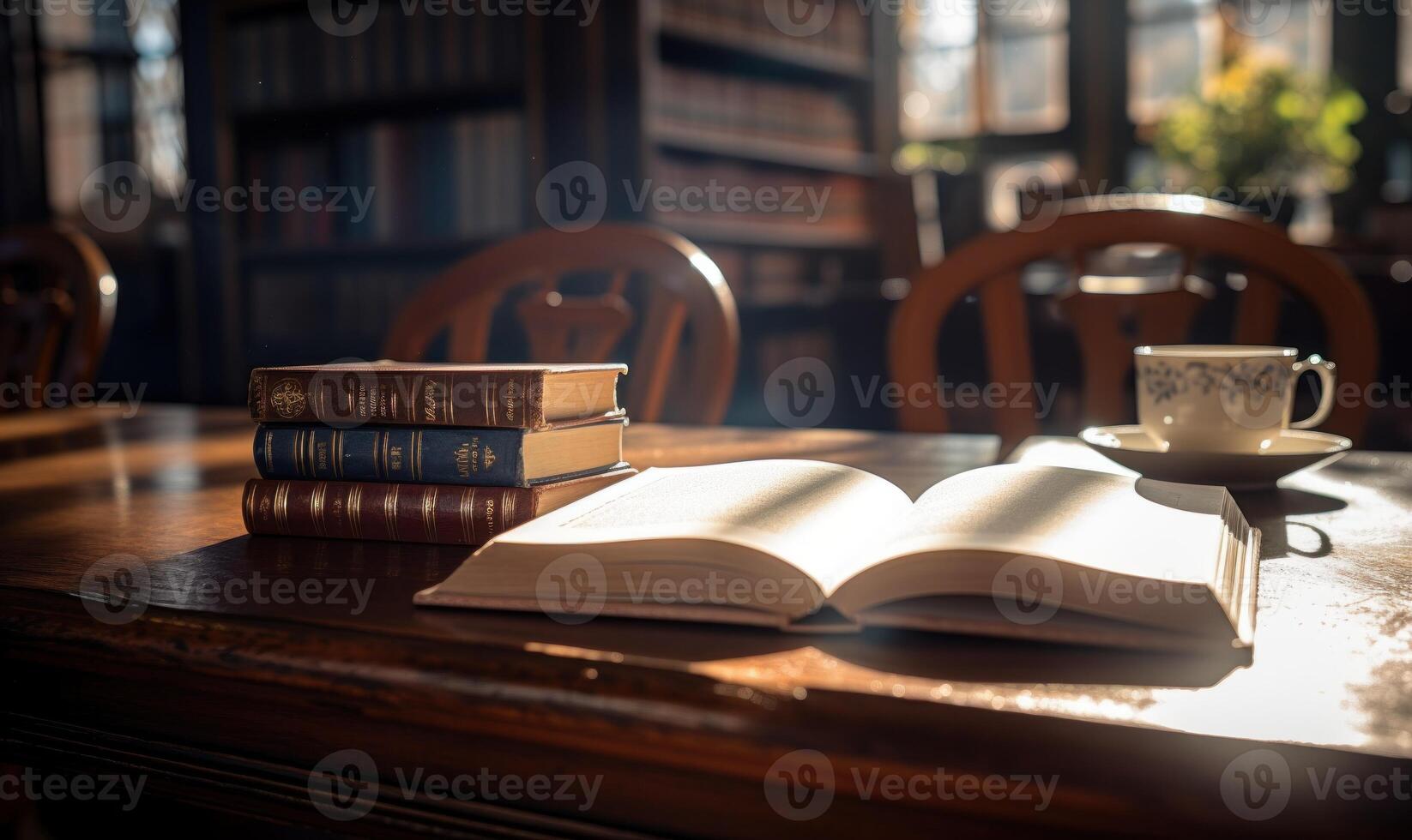 ai generato Aperto libro su un' di legno tavolo nel un' biblioteca. selettivo messa a fuoco. foto