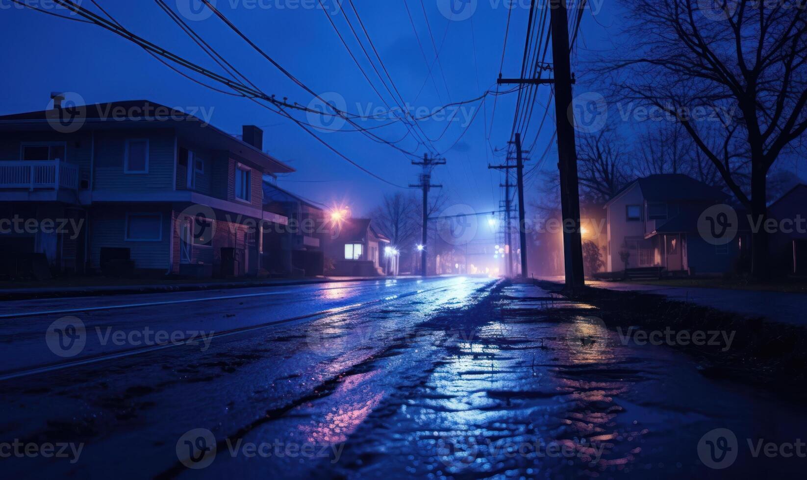 ai generato città strada a notte con nebbia, luci e silhouette di case. foto