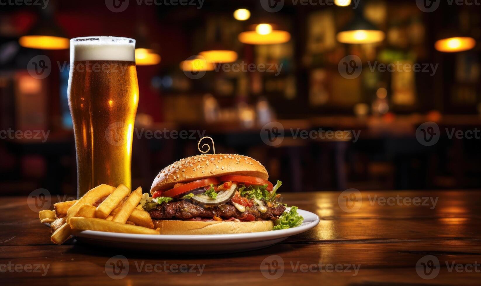 ai generato Hamburger con francese patatine fritte e un' bicchiere di birra nel un' pub foto