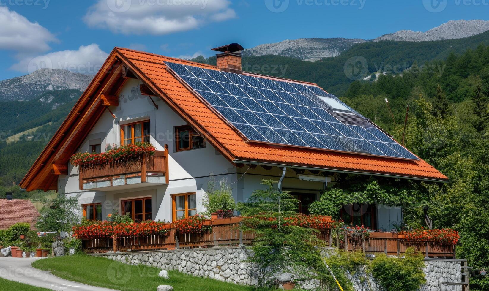 ai generato moderno Casa con solare pannelli su tetto e montagne nel il sfondo. foto