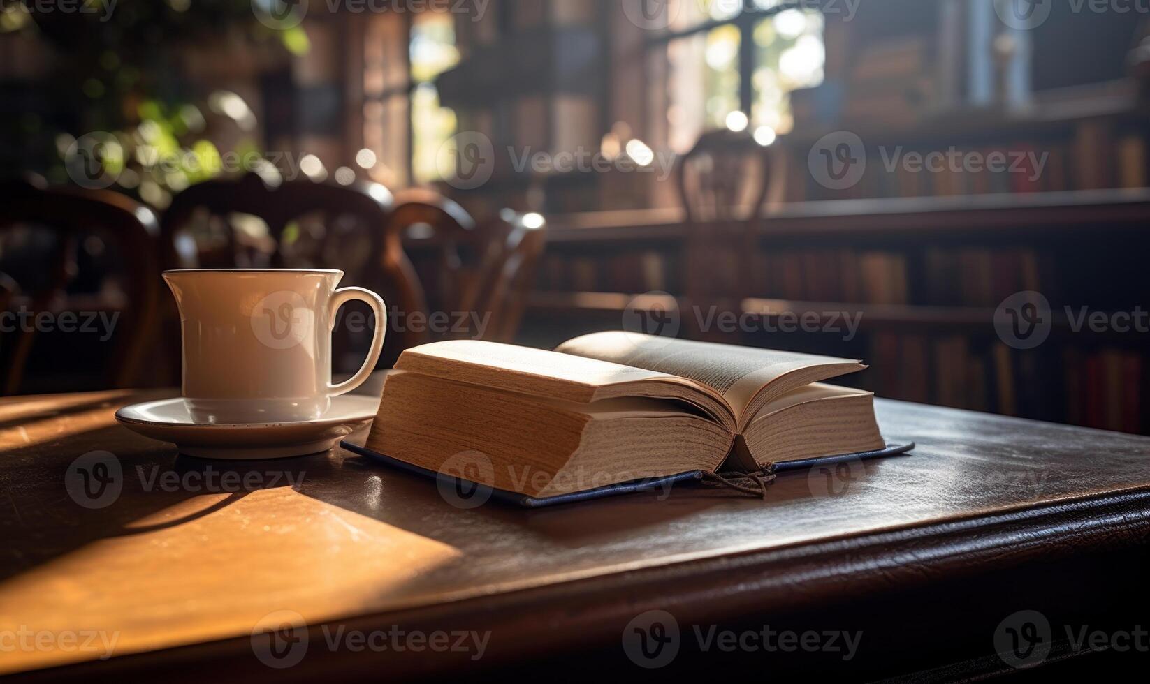 ai generato tazza di caffè e libro su un' di legno tavolo nel un' bar foto