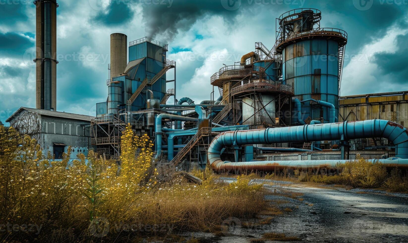 ai generato abbandonato industriale pianta nel il mezzo di il foresta con blu cielo foto