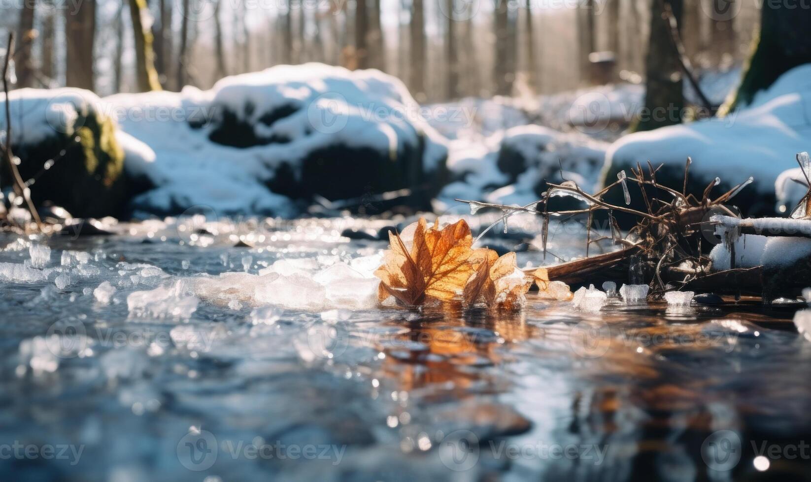ai generato caduto le foglie nel il ghiaccio su il fiume nel il inverno foresta foto