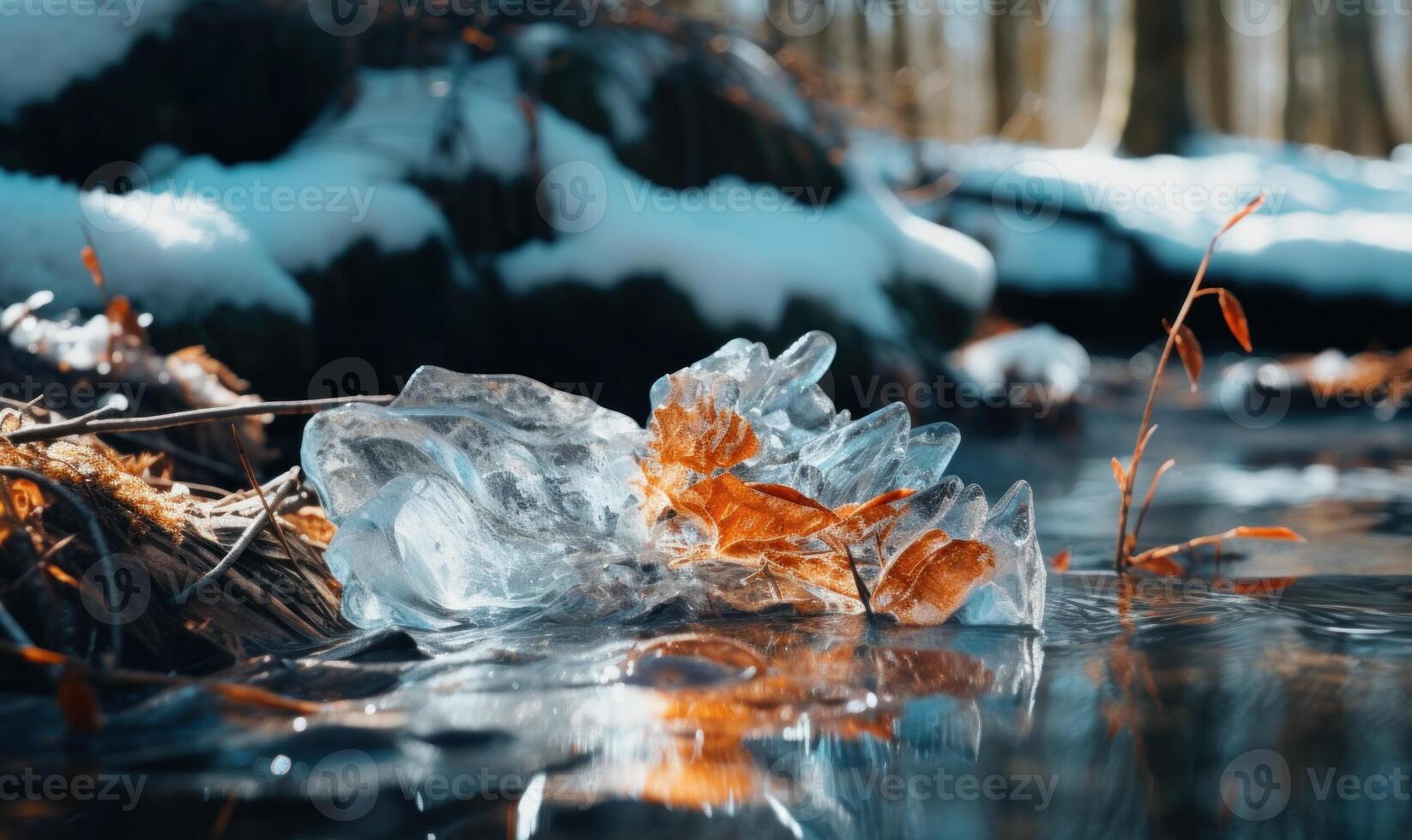 ai generato caduto le foglie nel il ghiaccio su il fiume nel il inverno foresta foto