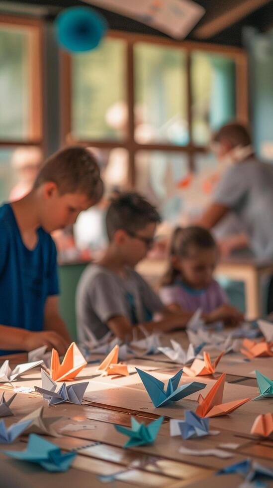 ai generato origami officina, persone di tutti età coinvolgente nel un origami officina, sfondo Immagine, generativo ai foto