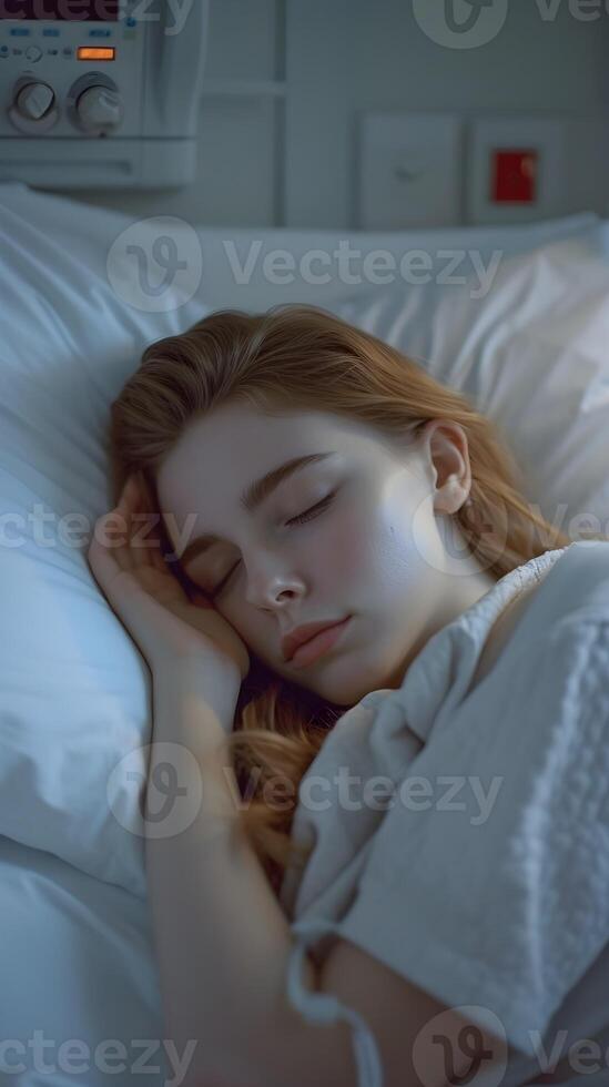 ai generato ritratto di un' giovane bianca femmina addormentato malato nel un' ospedale letto con un' addolorato viso, sfondo Immagine, ai generato foto