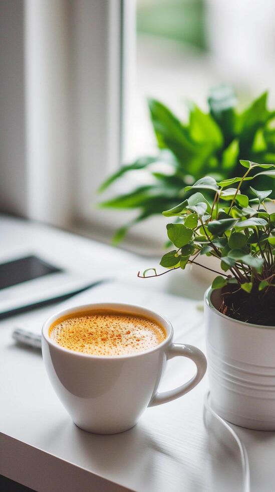 ai generato minimalista scrivania impostare con un' in vaso pianta, un' tazza di caffè, e ordinatamente disposte ufficio forniture, sfondo Immagine, generativo ai foto