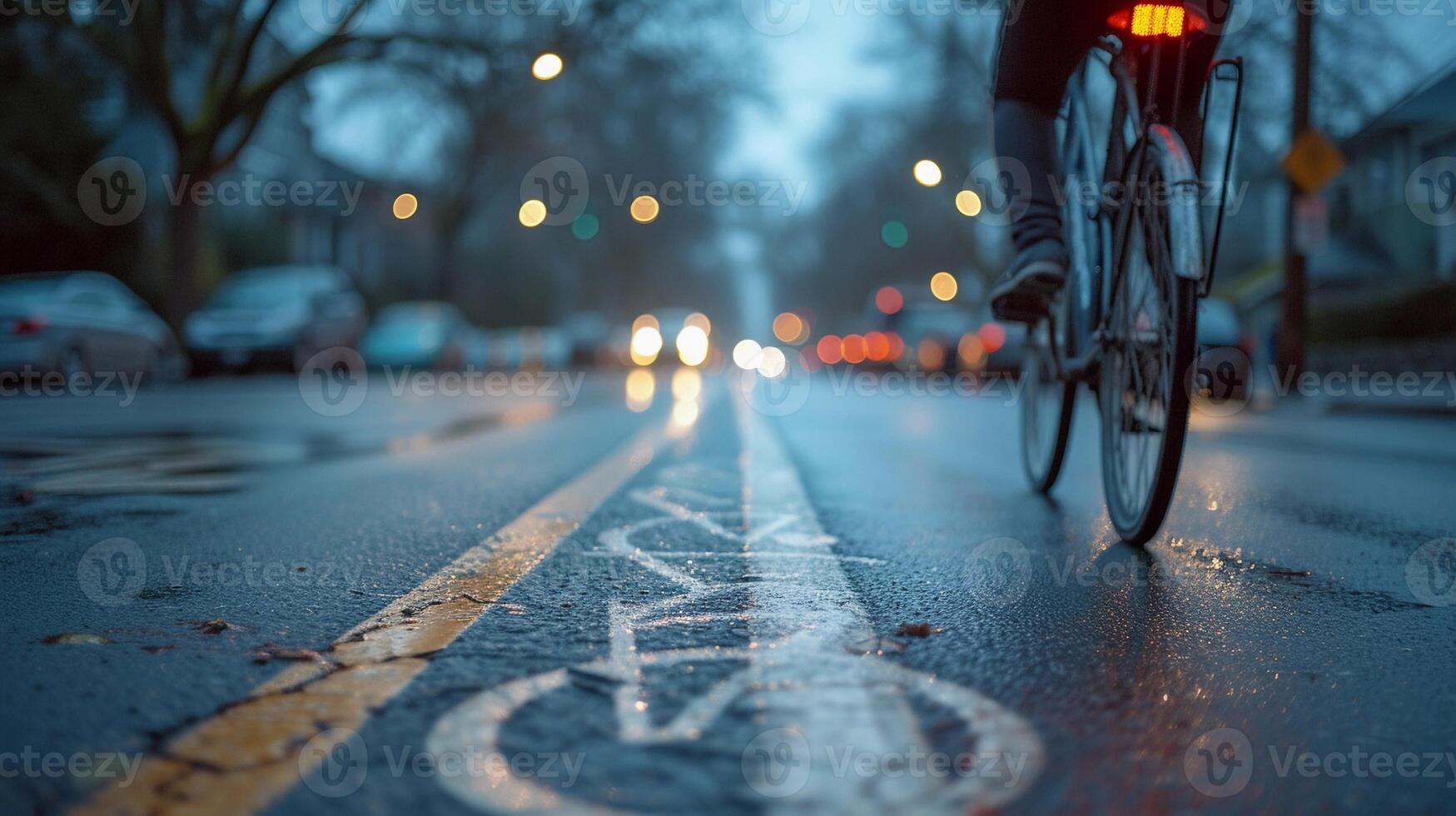 ai generato bicicletta corsia avventura, ciclista equitazione giù un' designato bicicletta corsia nel un urbano ambientazione, sfondo Immagine, generativo ai foto