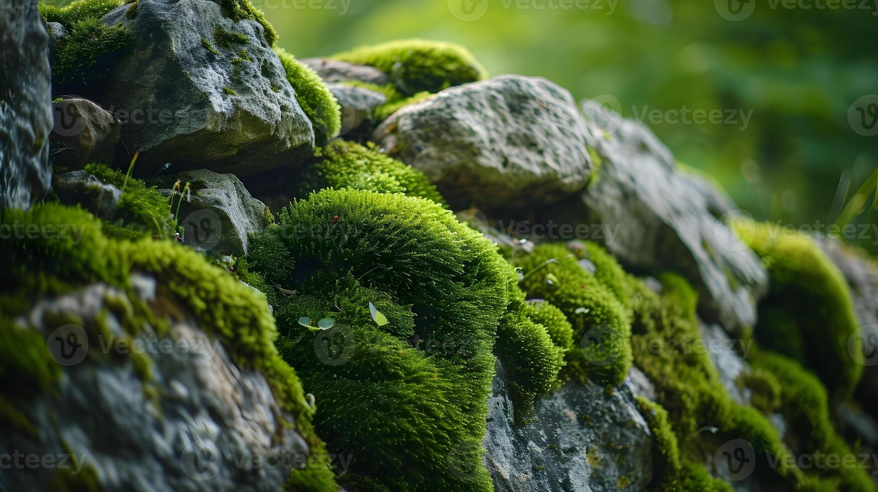 ai generato Esplorare il struttura e vivace verde tonalità di muschio copertura rocce nel un' naturale ambientazione, sfondo Immagine, generativo ai foto