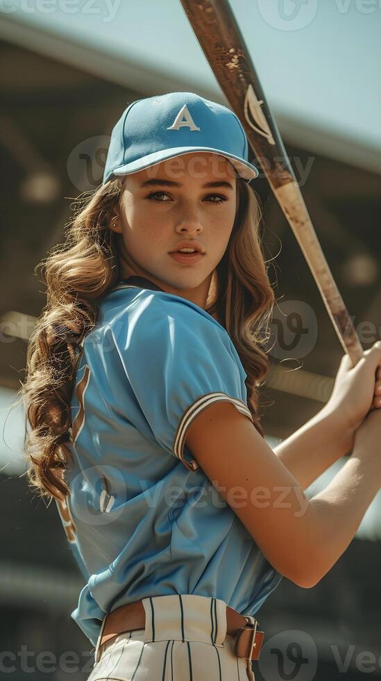 ai generato ritratto di un' giovane bianca femmina indossare baseball giocatore uniforme nel azione, sfondo Immagine, ai generato foto