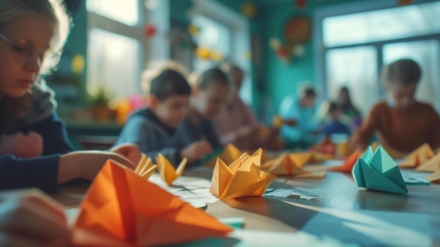ai generato origami officina, persone di tutti età coinvolgente nel un origami officina, sfondo Immagine, generativo ai foto