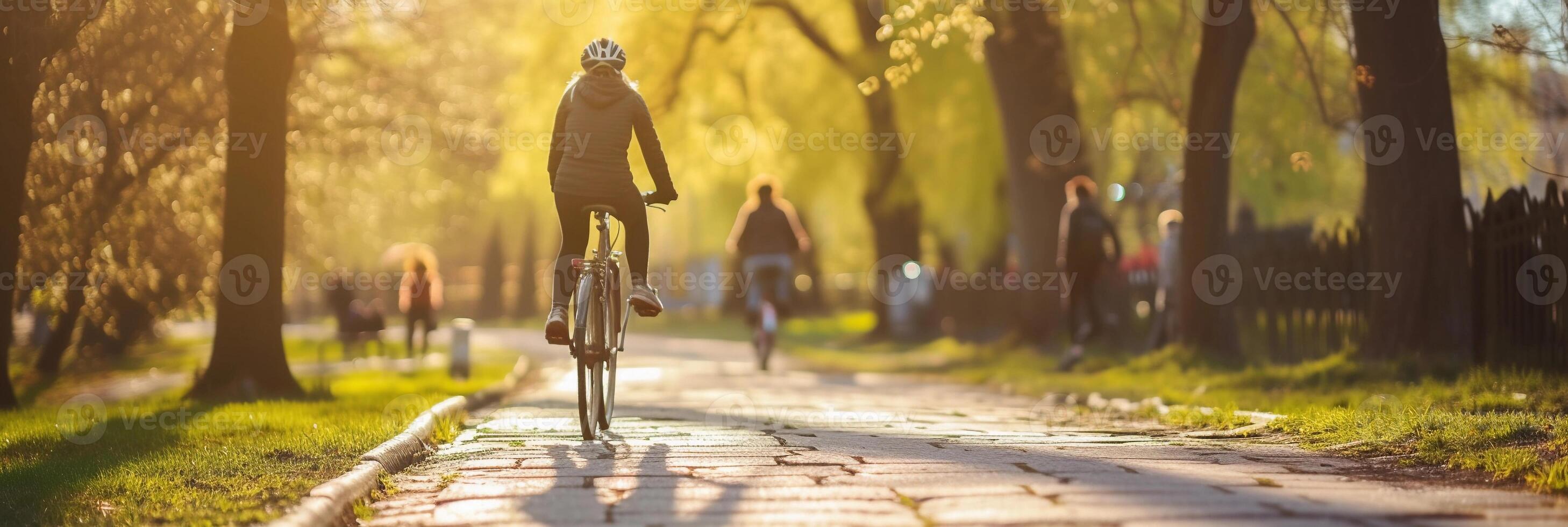 ai generato rinnovato all'aperto attività, persone coinvolgente nel all'aperto attività piace bicicletta, escursionismo, o giocando gli sport nel il piacevole primavera tempo atmosferico, sfondo Immagine, generativo ai foto